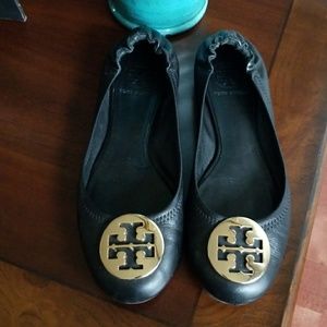Tory Burch Black Flats with Gold Logo